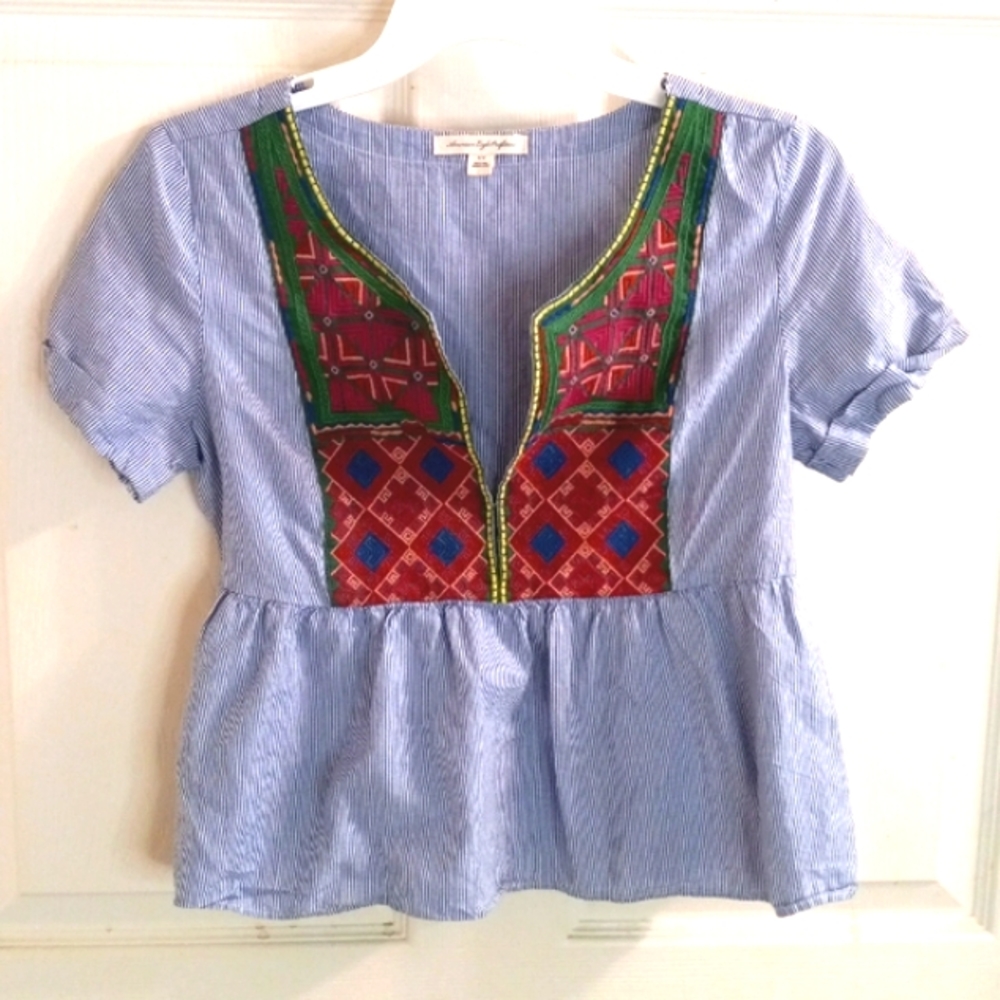 American Eagle Outfitters EUC Top Blouse ShirtS/P Embroidery Boho.Spring…